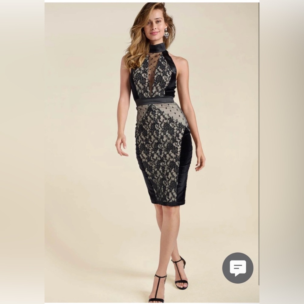 New Vensus Dress 8 Bodycon Cocktail Velvet Dot Lace Black Mick Neck Nude Black
